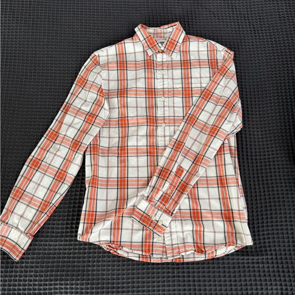 Plaid Button-Up Shirt - Orange and White